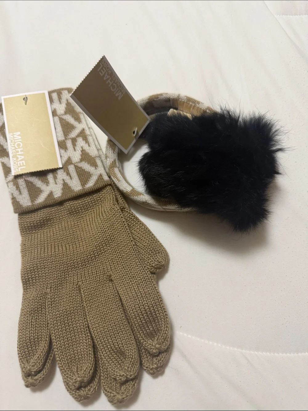 Michael Kors Tan Knit Gloves with Black Faux Fur Ear Warmer